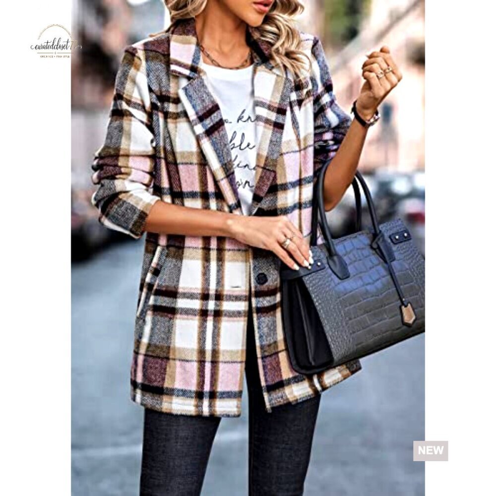 Plaid Shacket Jacket Trendy Fall Casual Button Wool Blend Trench Coat Winter - Picture 5 of 7